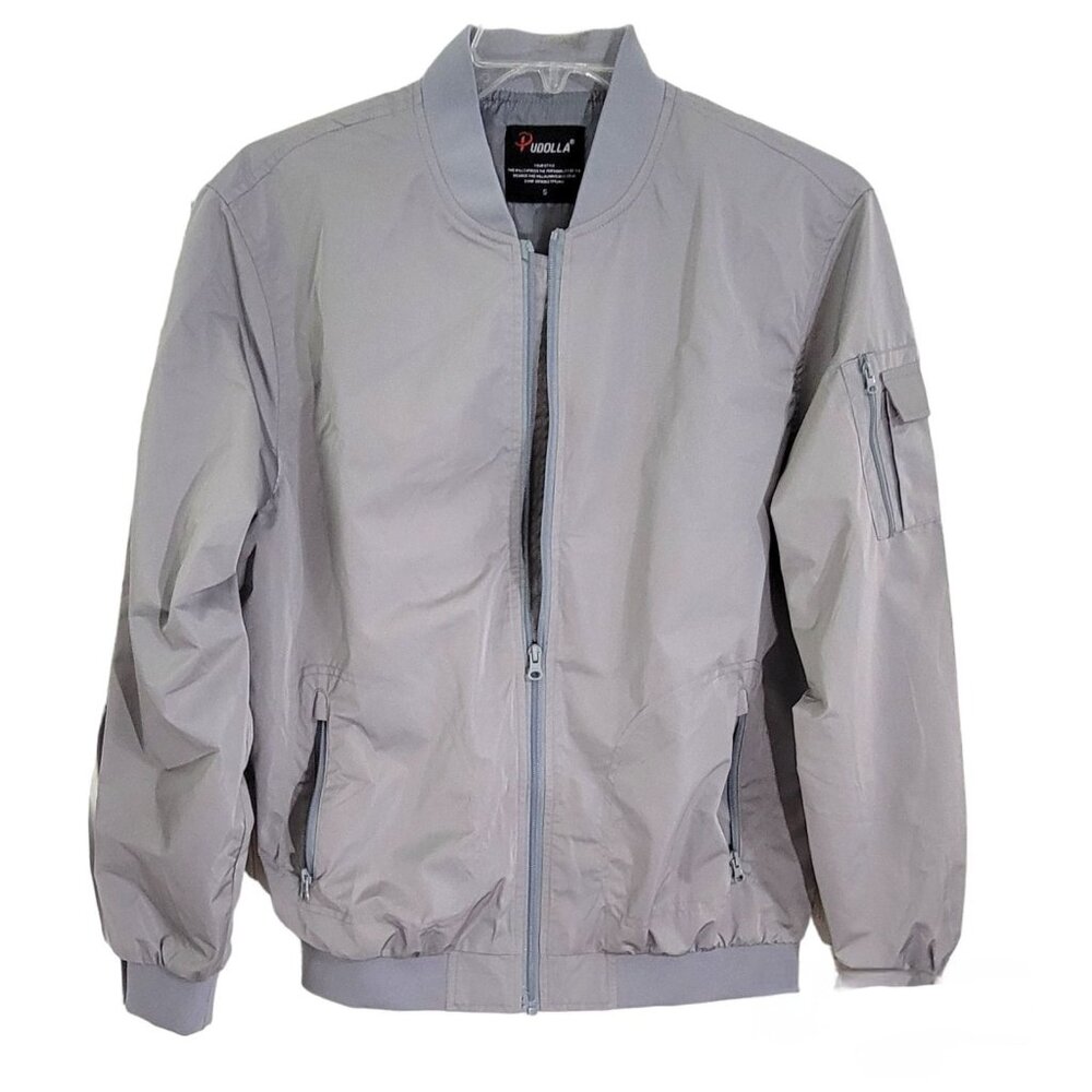 Pudolla Men's Gray Bomber Jacket Long Sleeve Full Zip‎ With Pockets Size Small
